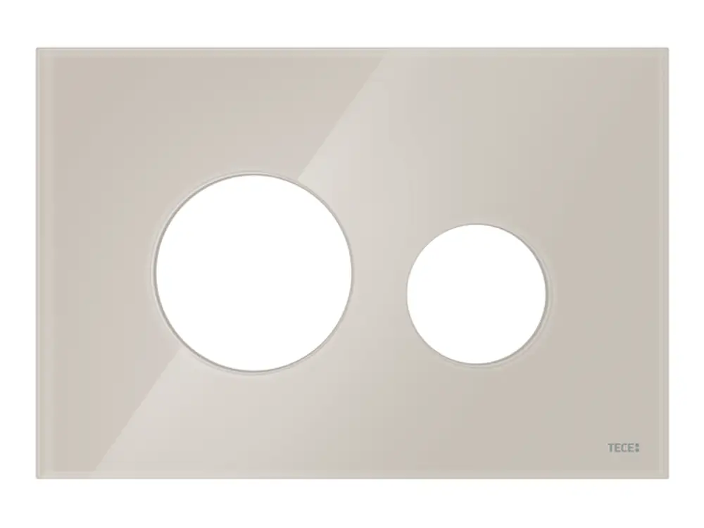 Blende für WC-Betätigungsplatte in lichtbeige, mit zwei runden Öffnungen, hergestellt von TECE. Flache, rechteckige Form mit glatter Oberfläche.